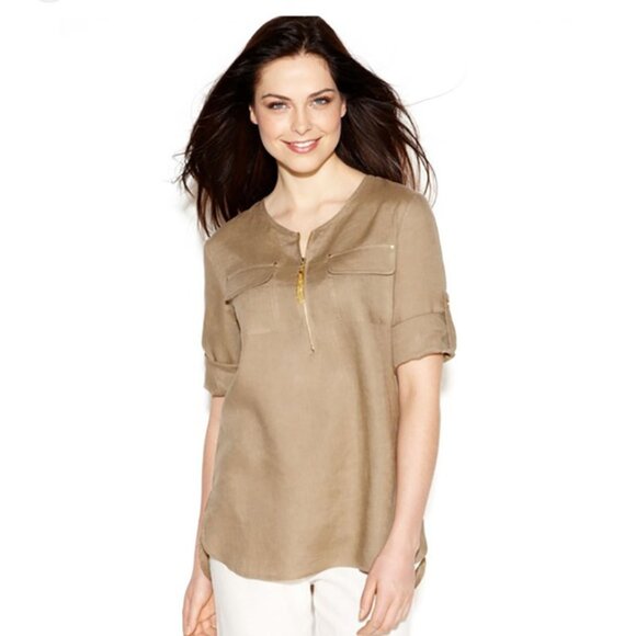 Ellen Tracy Cream Roll Tab Sleeve Linen Tunic Size Small - Picture 1 of 16